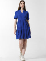 Women's Blue Woven Casual Solid Above Knee Half Sleeves Dress