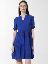 Women's Blue Woven Casual Solid Above Knee Half Sleeves Dress