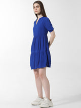 Women's Blue Woven Casual Solid Above Knee Half Sleeves Dress