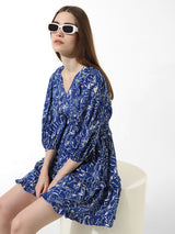 Women's Blue Woven Casual Printed Above Knee Half Sleeves Dress