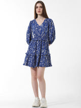 Women's Blue Woven Casual Printed Above Knee Half Sleeves Dress