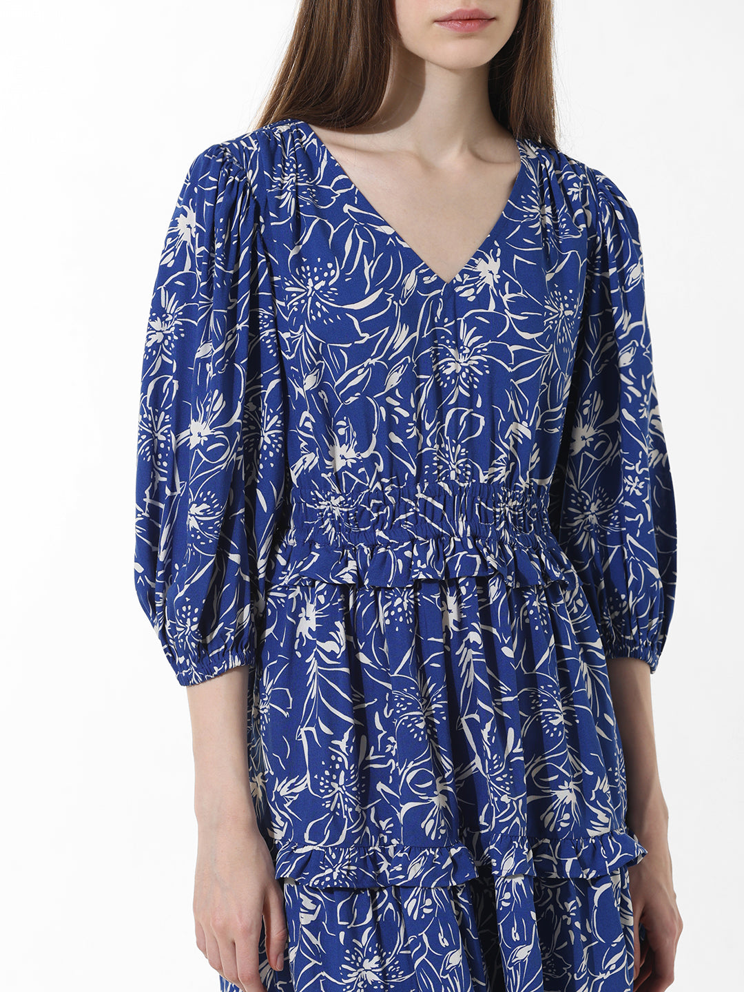 Women's Blue Woven Casual Printed Above Knee Half Sleeves Dress