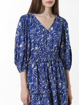 Women's Blue Woven Casual Printed Above Knee Half Sleeves Dress