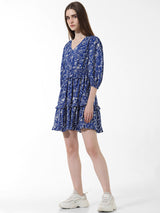 Women's Blue Woven Casual Printed Above Knee Half Sleeves Dress