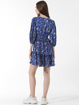 Women's Blue Woven Casual Printed Above Knee Half Sleeves Dress