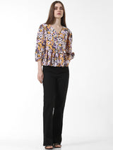 Women's Multicolor Woven Casual Printed Regular Fit Three Quarter Sleeves Top