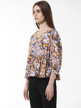 Women's Multicolor Woven Casual Printed Regular Fit Three Quarter Sleeves Top