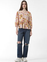 Women's Beige Woven Casual Printed Regular Fit Three Quarter Sleeves Top