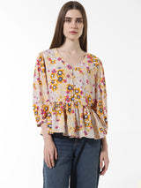 Women's Beige Woven Casual Printed Regular Fit Three Quarter Sleeves Top