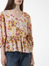 Women's Beige Woven Casual Printed Regular Fit Three Quarter Sleeves Top