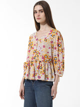 Women's Beige Woven Casual Printed Regular Fit Three Quarter Sleeves Top
