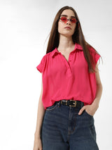 Women's Pink Woven Casual Solid Regular Fit Half Sleeves Shirt