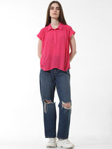 Women's Pink Woven Casual Solid Regular Fit Half Sleeves Shirt
