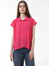 Women's Pink Woven Casual Solid Regular Fit Half Sleeves Shirt