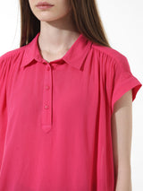 Women's Pink Woven Casual Solid Regular Fit Half Sleeves Shirt