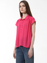 Women's Pink Woven Casual Solid Regular Fit Half Sleeves Shirt