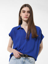 Women's Blue Woven Casual Solid Regular Fit Half Sleeves Shirt