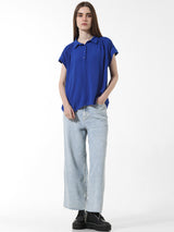 Women's Blue Woven Casual Solid Regular Fit Half Sleeves Shirt