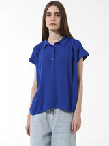 Women's Blue Woven Casual Solid Regular Fit Half Sleeves Shirt
