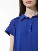 Women's Blue Woven Casual Solid Regular Fit Half Sleeves Shirt
