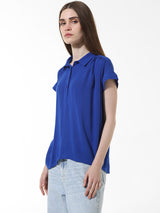 Women's Blue Woven Casual Solid Regular Fit Half Sleeves Shirt