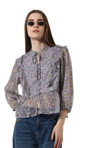 Women's Purple Woven Casual Printed Regular Fit Three Quarter Sleeves Top