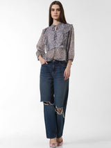 Women's Purple Woven Casual Printed Regular Fit Three Quarter Sleeves Top