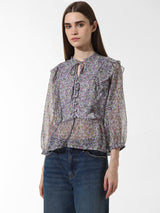 Women's Purple Woven Casual Printed Regular Fit Three Quarter Sleeves Top