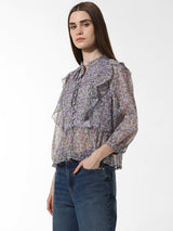 Women's Purple Woven Casual Printed Regular Fit Three Quarter Sleeves Top