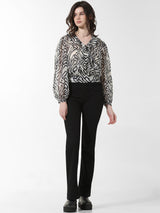 Women's White Woven Casual Printed Cropped Full Sleeves Top