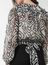 Women's White Woven Casual Printed Cropped Full Sleeves Top
