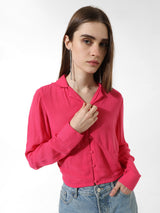 Women's Pink Woven Casual Solid Cropped Full Sleeves Shirt