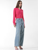 Women's Pink Woven Casual Solid Cropped Full Sleeves Shirt