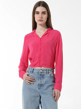 Women's Pink Woven Casual Solid Cropped Full Sleeves Shirt
