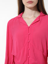 Women's Pink Woven Casual Solid Cropped Full Sleeves Shirt