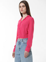 Women's Pink Woven Casual Solid Cropped Full Sleeves Shirt
