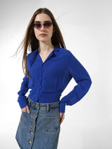 Women's Blue Woven Casual Solid Cropped Full Sleeves Shirt