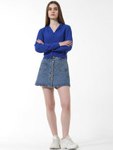 Women's Blue Woven Casual Solid Cropped Full Sleeves Shirt