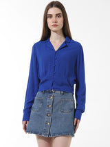 Women's Blue Woven Casual Solid Cropped Full Sleeves Shirt