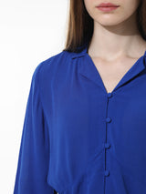 Women's Blue Woven Casual Solid Cropped Full Sleeves Shirt