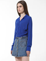 Women's Blue Woven Casual Solid Cropped Full Sleeves Shirt