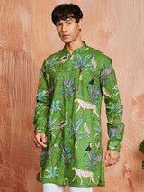 Men's Green Cotton Tropical & Animal Printed Kurta