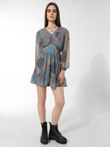 Women's Gray Woven Casual Printed Above Knee Full Sleeves Dress