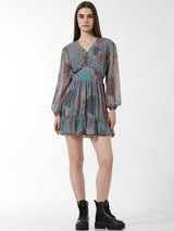 Women's Gray Woven Casual Printed Above Knee Full Sleeves Dress