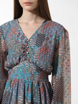 Women's Gray Woven Casual Printed Above Knee Full Sleeves Dress
