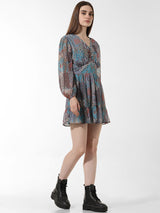 Women's Gray Woven Casual Printed Above Knee Full Sleeves Dress