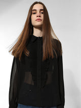 Women's Black Woven Casual Solid Regular Fit Full Sleeves Shirt