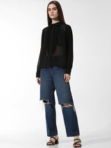 Women's Black Woven Casual Solid Regular Fit Full Sleeves Shirt