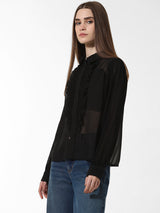 Women's Black Woven Casual Solid Regular Fit Full Sleeves Shirt