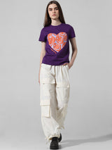 Women's Purple Knitted Casual Printed Regular Fit Half Sleeves Tshirt